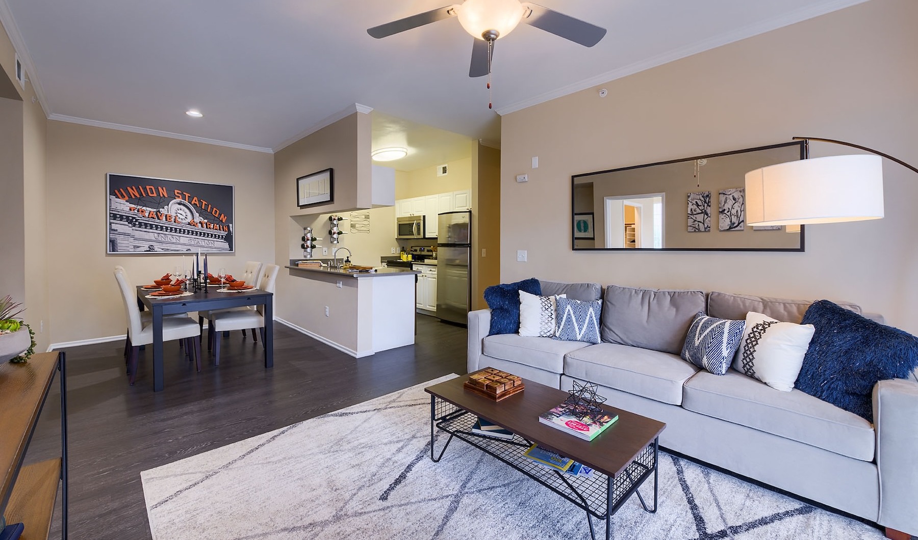a living room with a couch and a coffee table
